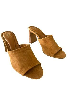 New Vince Camuto Alyysa Tan Suede Open Toe Block Heel Mules Size 11